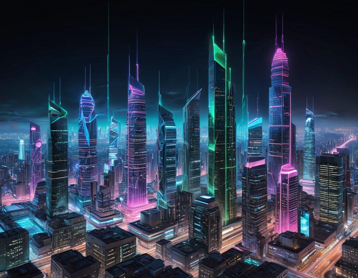 A sleek, futuristic scene depicting a vibrant cityscape with glowing lines symbolizing fast wireless data transfers connecting various devices like smartphones, laptops, and smart home technologies. The atmosphere is dynamic and full of energy, showcasing the beauty of modern technology in action. Emphasize a harmonious blend of colors that reflect speed and style, with abstract representations of data flowing seamlessly through the air. cyberpunk. vibrant colors. super-realistic.