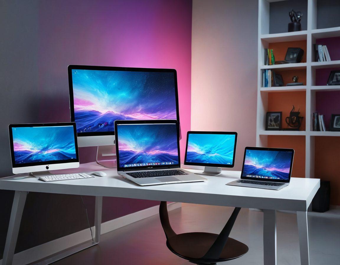 A stylish, modern workspace featuring a sleek laptop displaying a seamless digital interface. Surrounding the laptop are various digital devices like tablets and smartphones, showcasing synchronized content access. Soft ambient lighting enhances the chic atmosphere, with abstract tech-inspired art on the walls. The scene conveys convenience and sophistication, illustrating the future of digital content access. super-realistic. vibrant colors. 3D.