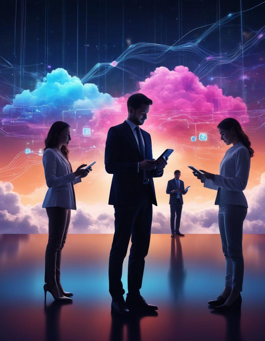 A sleek, futuristic scene showcasing people of diverse backgrounds enjoying seamless wireless downloads on various devices like smartphones and tablets. Include glowing lines of data transfer visually connecting these devices to a vibrant, abstract cloud backdrop filled with digital symbols and icons. Emphasize a sense of connectivity and innovation with a stylish, modern aesthetic. vivid colors. 3D. digital art.